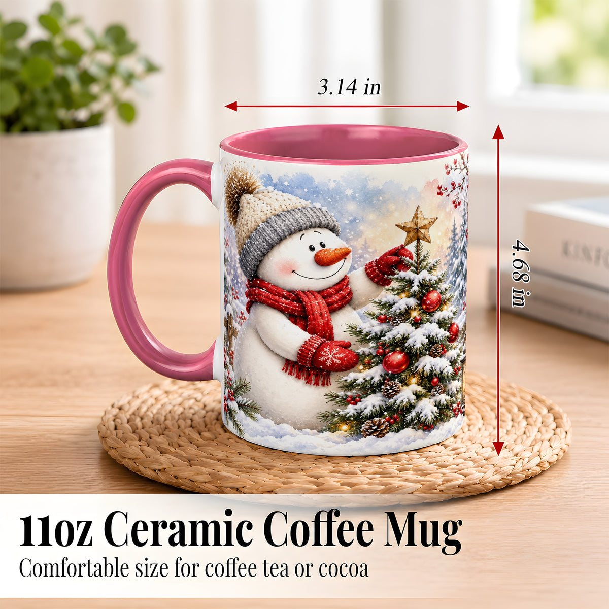 #pl[11oz|Pink] Snowman Christmas Tree Coffee Mug, Winter Snowman Mug, Ceramic Cup