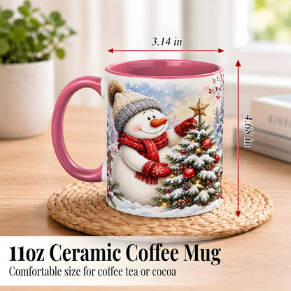 #pl[11oz|Pink] Snowman Christmas Tree Coffee Mug, Winter Snowman Mug, Ceramic Cup