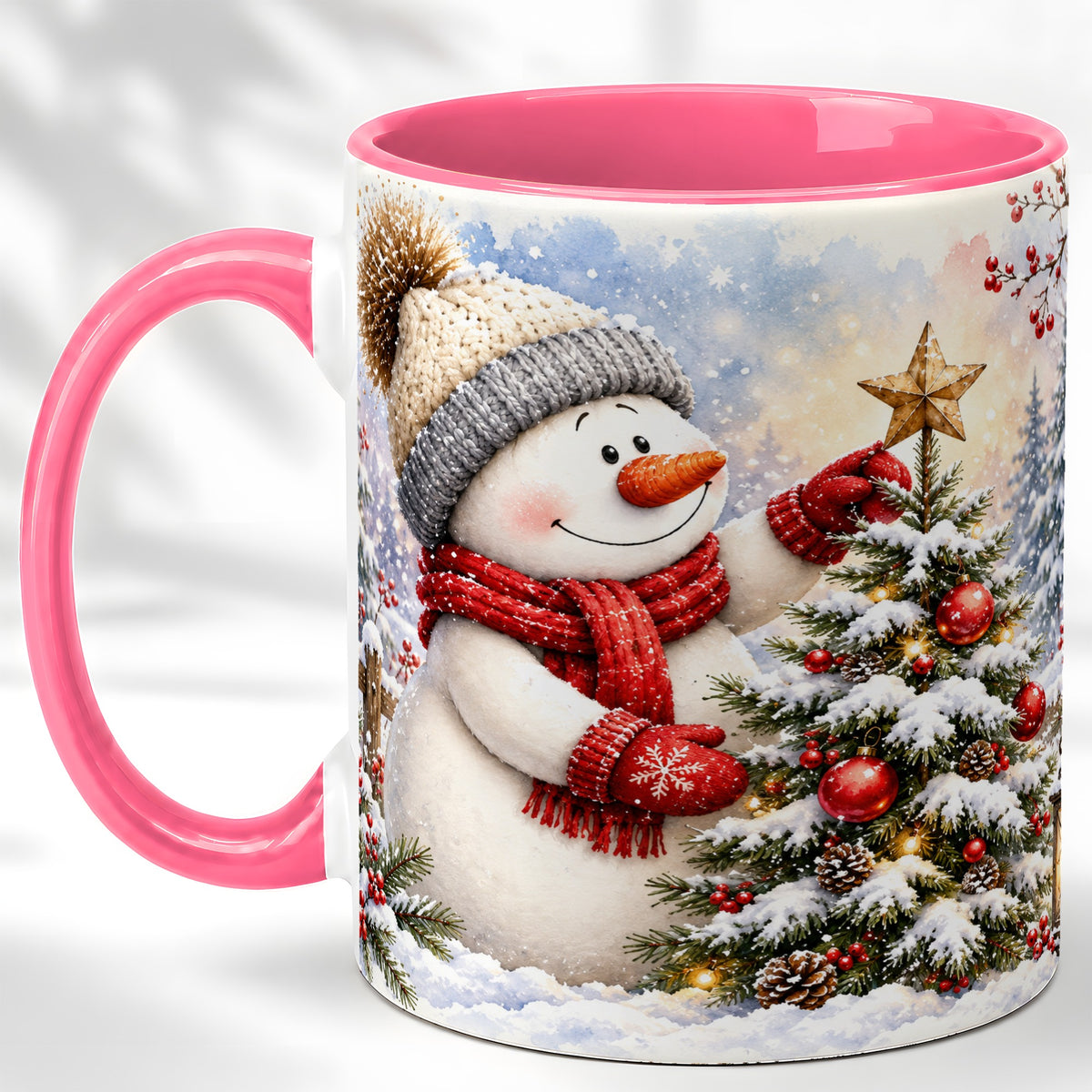 #pl[11oz|Pink] Snowman Christmas Tree Coffee Mug, Winter Snowman Mug, Ceramic Cup
