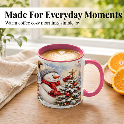 #pl[11oz|Pink] Snowman Christmas Tree Coffee Mug, Winter Snowman Mug, Ceramic Cup
