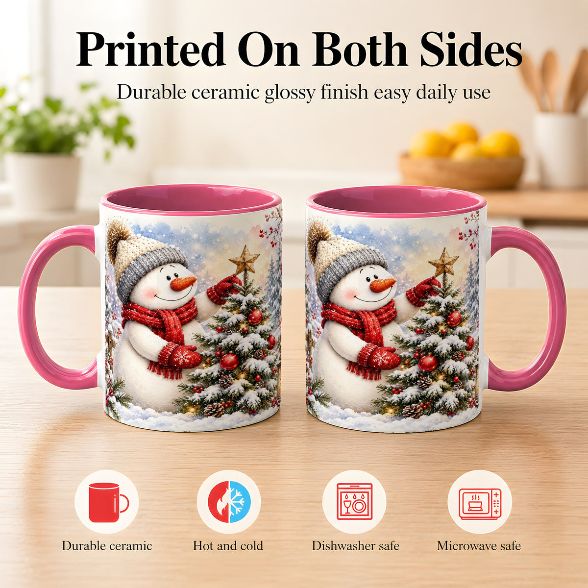 #pl[11oz|Pink] Snowman Christmas Tree Coffee Mug, Winter Snowman Mug, Ceramic Cup