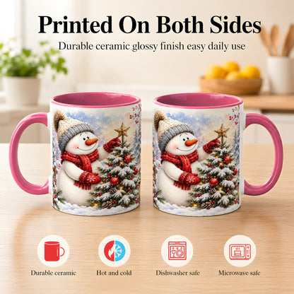 #pl[11oz|Pink] Snowman Christmas Tree Coffee Mug, Winter Snowman Mug, Ceramic Cup