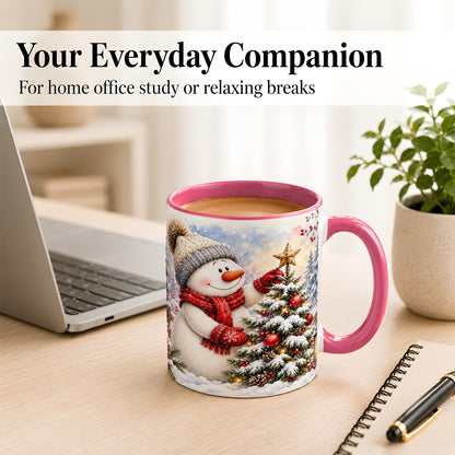 #pl[11oz|Pink] Snowman Christmas Tree Coffee Mug, Winter Snowman Mug, Ceramic Cup