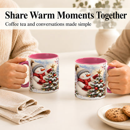 #pl[11oz|Pink] Snowman Christmas Tree Coffee Mug, Winter Snowman Mug, Ceramic Cup