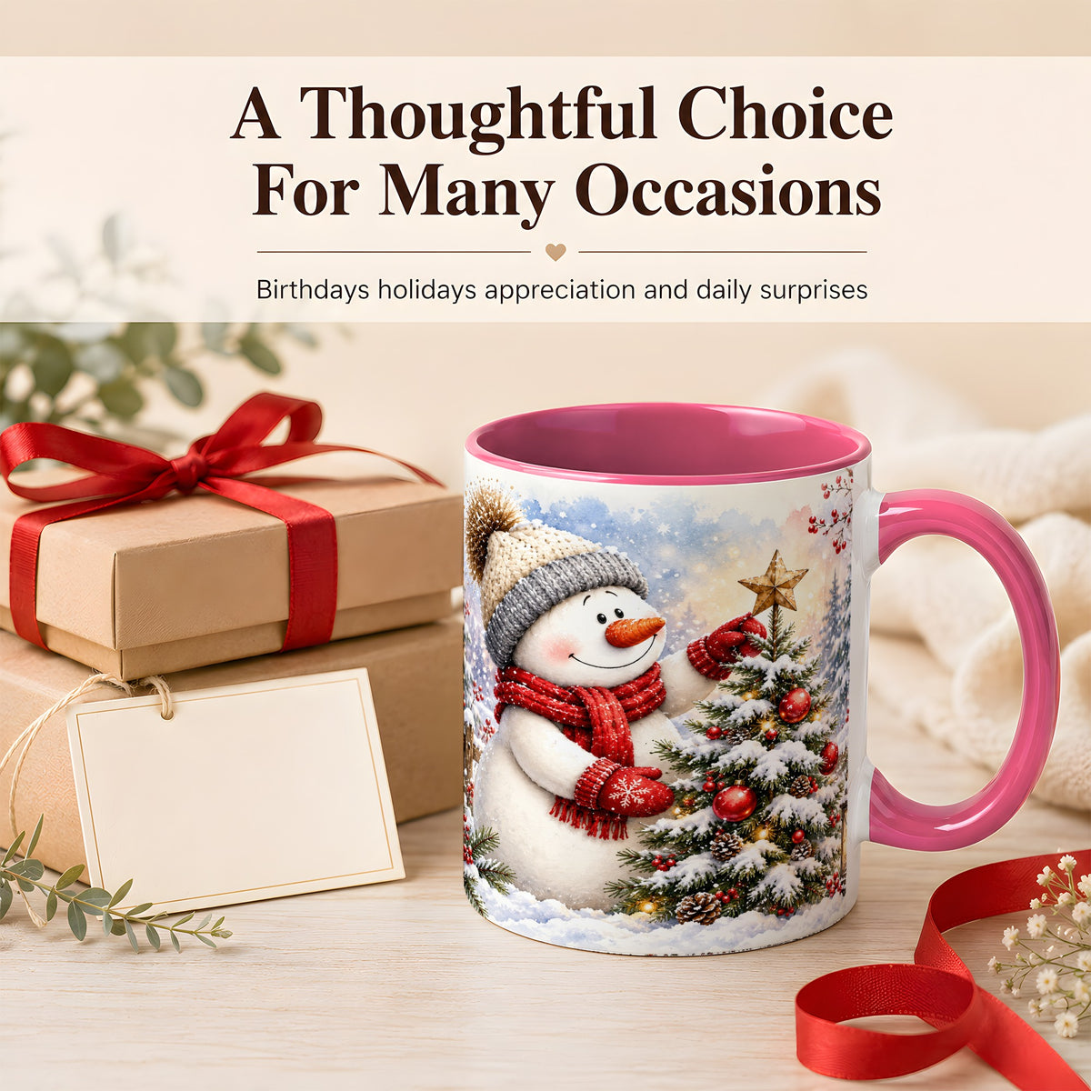 #pl[11oz|Pink] Snowman Christmas Tree Coffee Mug, Winter Snowman Mug, Ceramic Cup