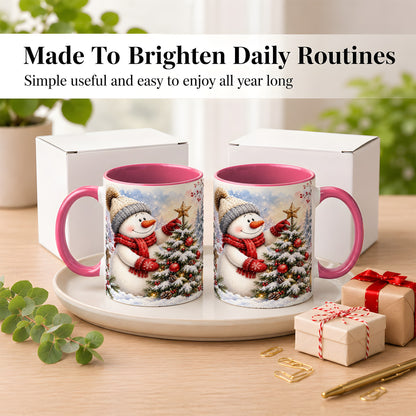#pl[11oz|Pink] Snowman Christmas Tree Coffee Mug, Winter Snowman Mug, Ceramic Cup