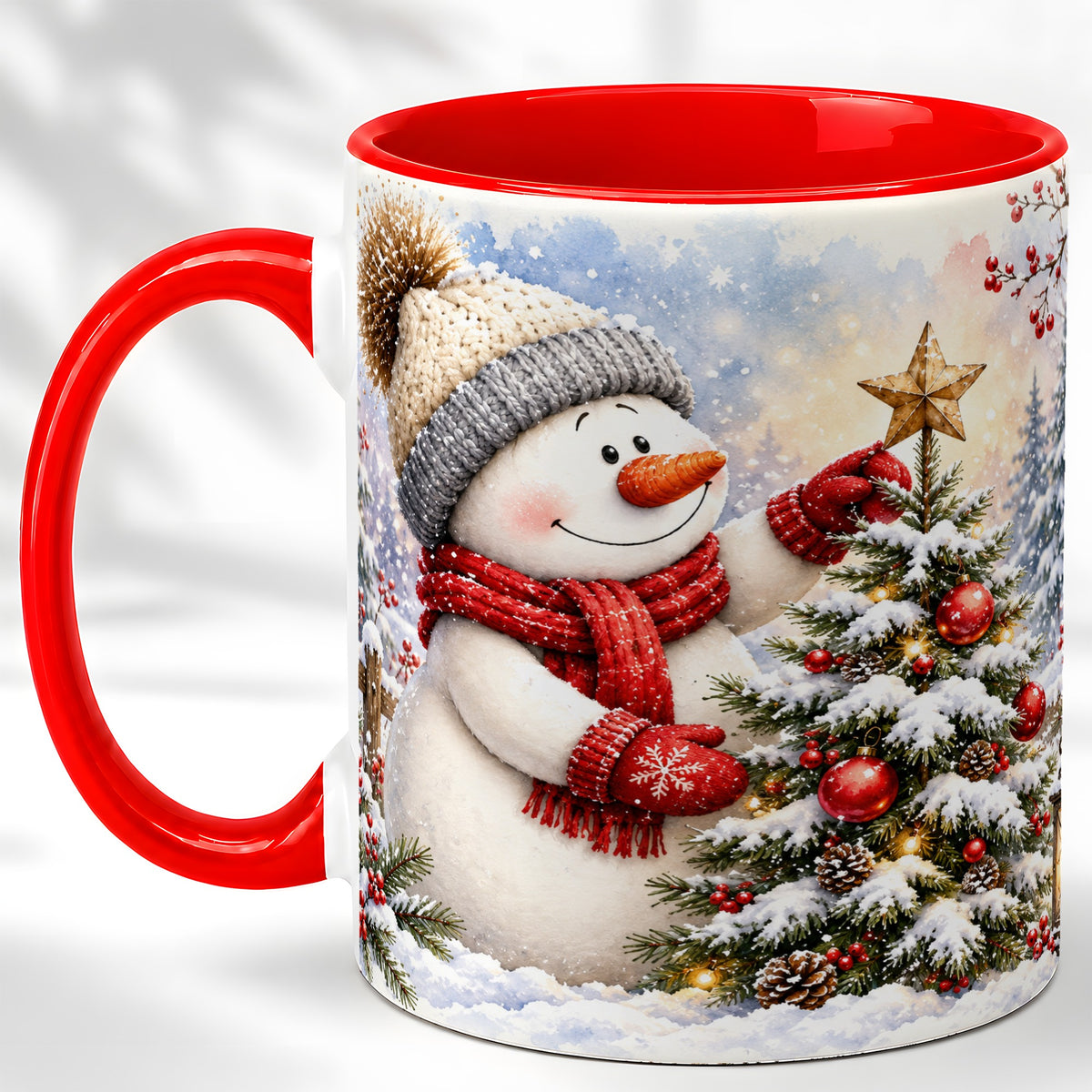 Snowman Christmas Tree Coffee Mug, Winter Snowman Mug, Ceramic Cup