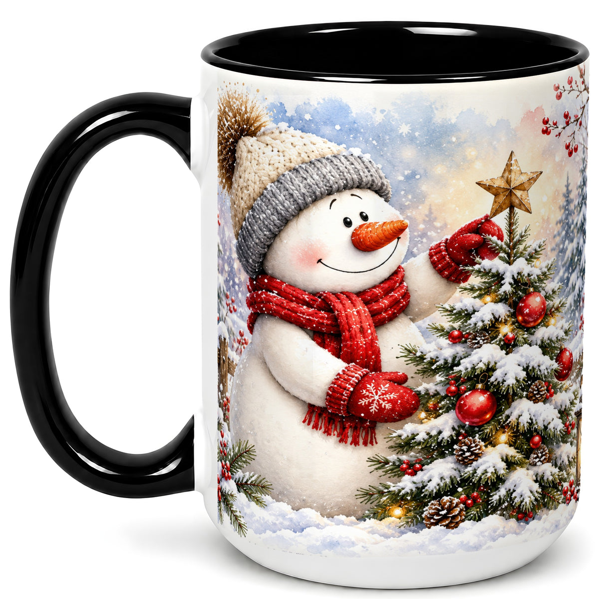 #pl[15oz|Black] Snowman Christmas Tree Coffee Mug, Winter Snowman Mug, Ceramic Cup