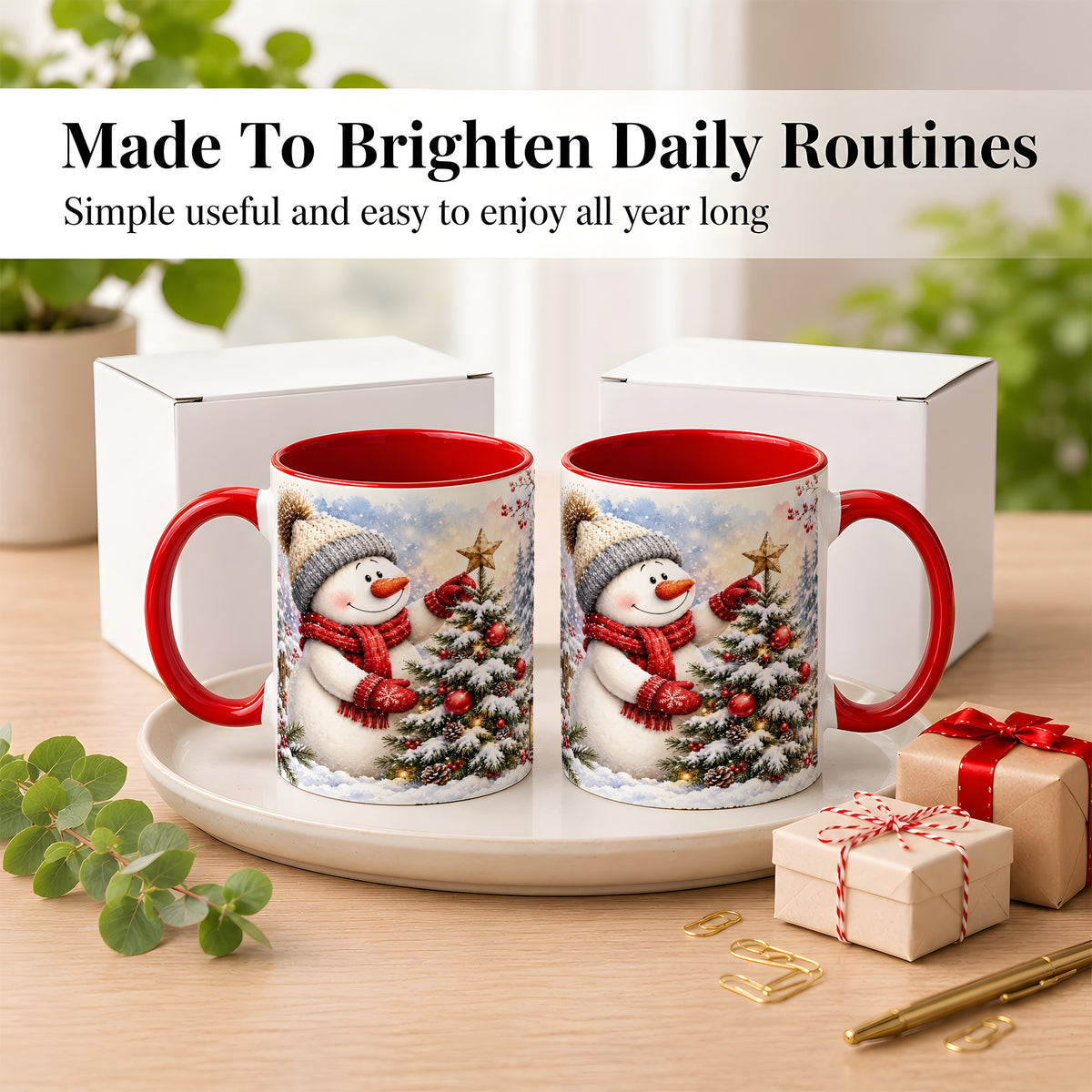 #pl[11oz|Red] Snowman Christmas Tree Coffee Mug, Winter Snowman Mug, Ceramic Cup