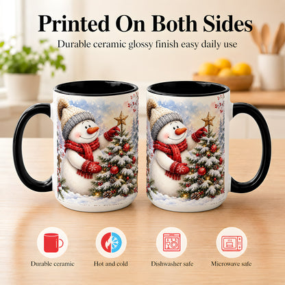 #pl[15oz|Black] Snowman Christmas Tree Coffee Mug, Winter Snowman Mug, Ceramic Cup