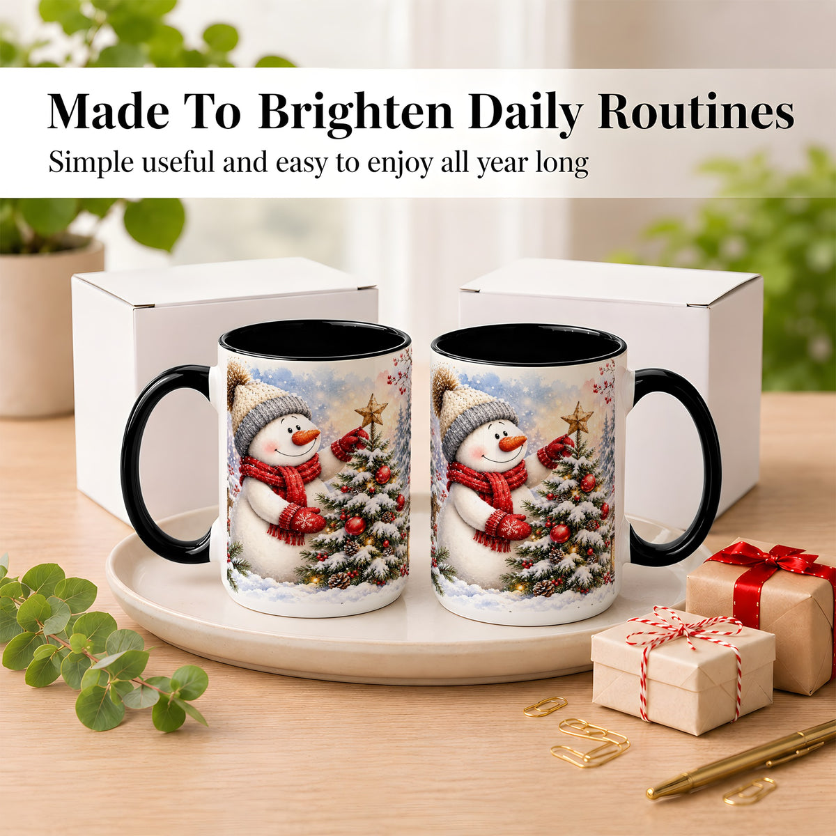 #pl[15oz|Black] Snowman Christmas Tree Coffee Mug, Winter Snowman Mug, Ceramic Cup