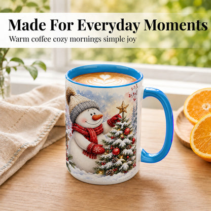 #pl[15oz|Blue] Snowman Christmas Tree Coffee Mug, Winter Snowman Mug, Ceramic Cup