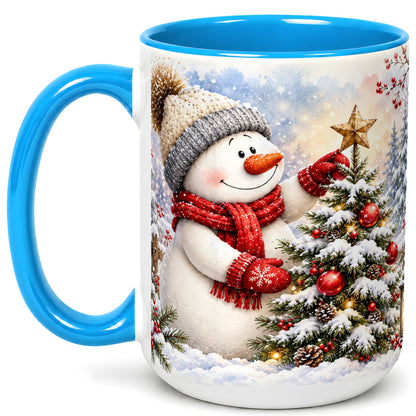 #pl[15oz|Blue] Snowman Christmas Tree Coffee Mug, Winter Snowman Mug, Ceramic Cup
