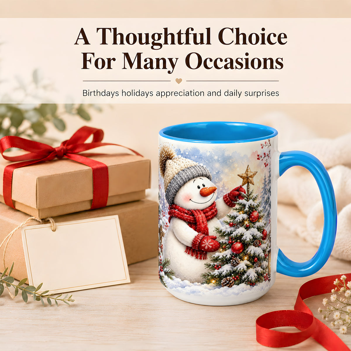 #pl[15oz|Blue] Snowman Christmas Tree Coffee Mug, Winter Snowman Mug, Ceramic Cup