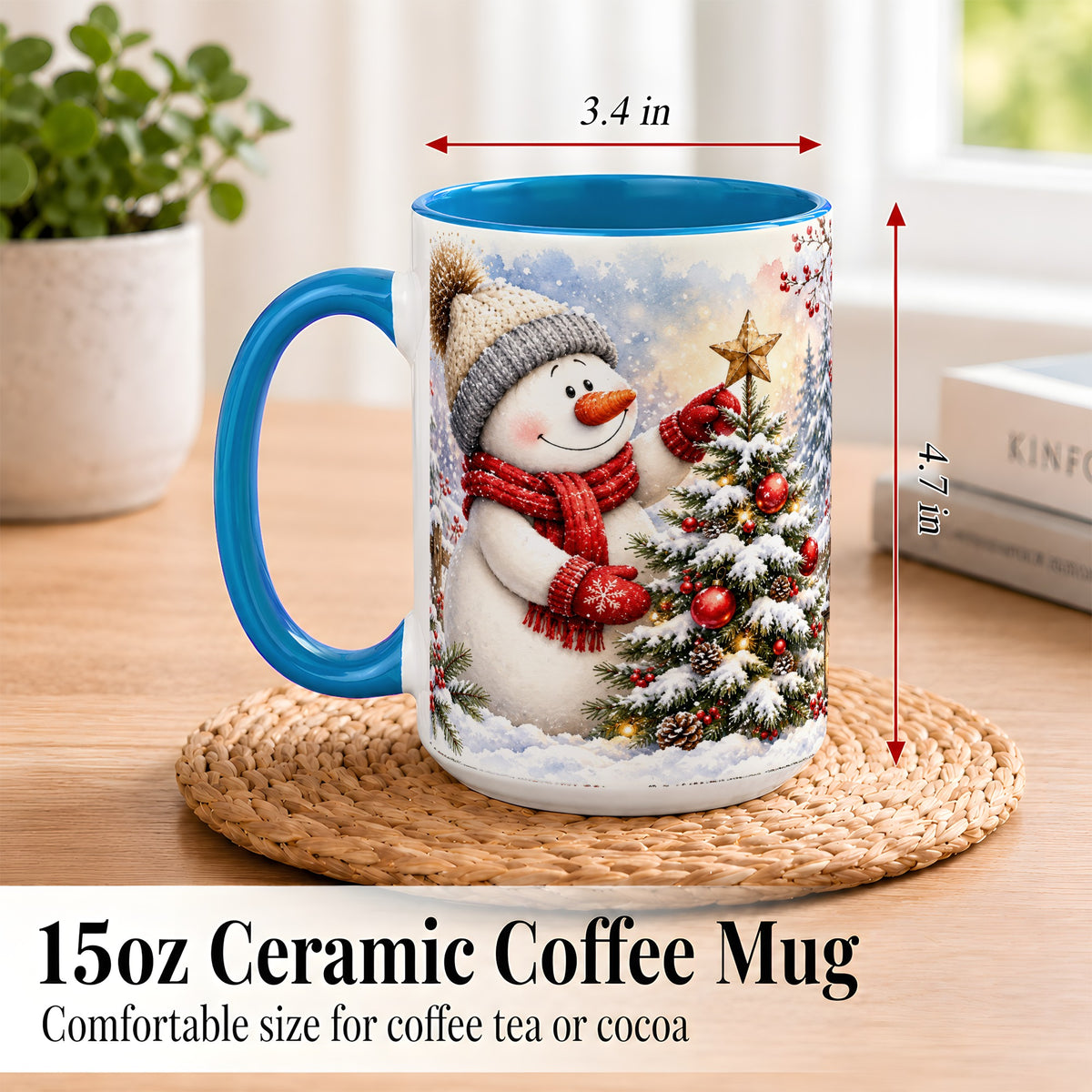 #pl[15oz|Blue] Snowman Christmas Tree Coffee Mug, Winter Snowman Mug, Ceramic Cup
