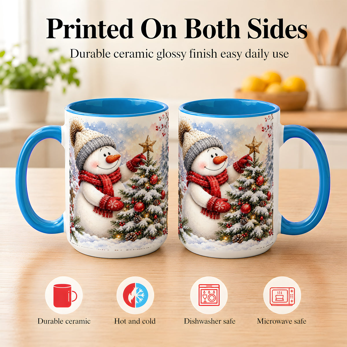 #pl[15oz|Blue] Snowman Christmas Tree Coffee Mug, Winter Snowman Mug, Ceramic Cup