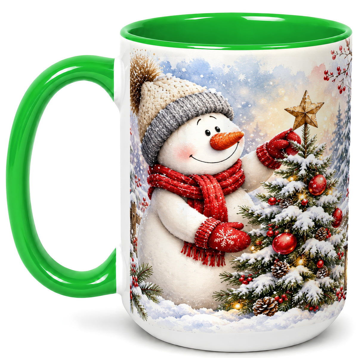 #pl[15oz|Green] Snowman Christmas Tree Coffee Mug, Winter Snowman Mug, Ceramic Cup