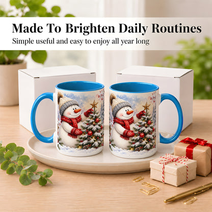 #pl[15oz|Blue] Snowman Christmas Tree Coffee Mug, Winter Snowman Mug, Ceramic Cup