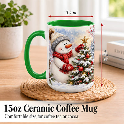 #pl[15oz|Green] Snowman Christmas Tree Coffee Mug, Winter Snowman Mug, Ceramic Cup