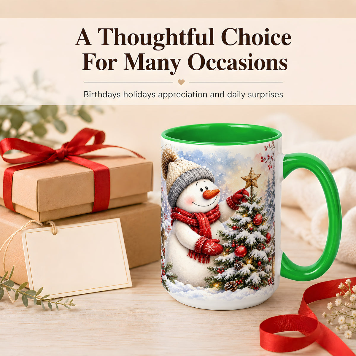 #pl[15oz|Green] Snowman Christmas Tree Coffee Mug, Winter Snowman Mug, Ceramic Cup
