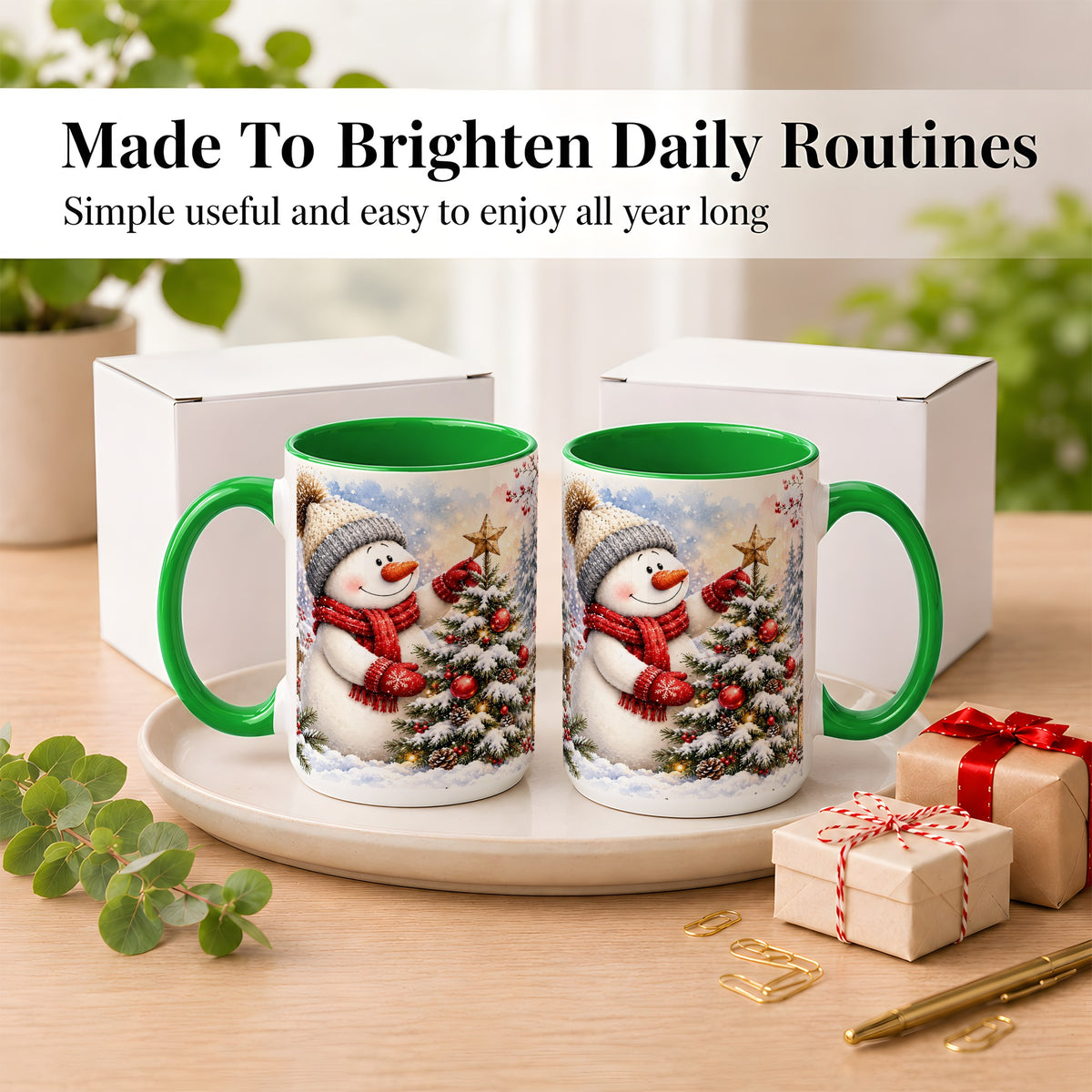 #pl[15oz|Green] Snowman Christmas Tree Coffee Mug, Winter Snowman Mug, Ceramic Cup