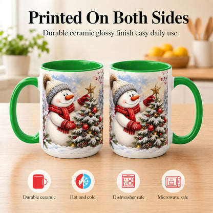 #pl[15oz|Green] Snowman Christmas Tree Coffee Mug, Winter Snowman Mug, Ceramic Cup