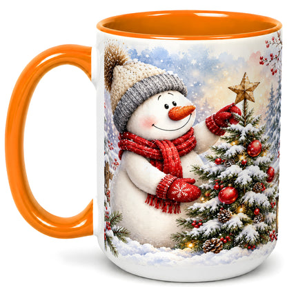 #pl[15oz|Orange] Snowman Christmas Tree Coffee Mug, Winter Snowman Mug, Ceramic Cup