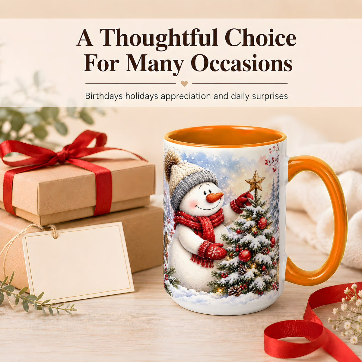 #pl[15oz|Orange] Snowman Christmas Tree Coffee Mug, Winter Snowman Mug, Ceramic Cup
