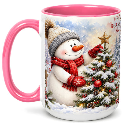 #pl[15oz|Pink] Snowman Christmas Tree Coffee Mug, Winter Snowman Mug, Ceramic Cup