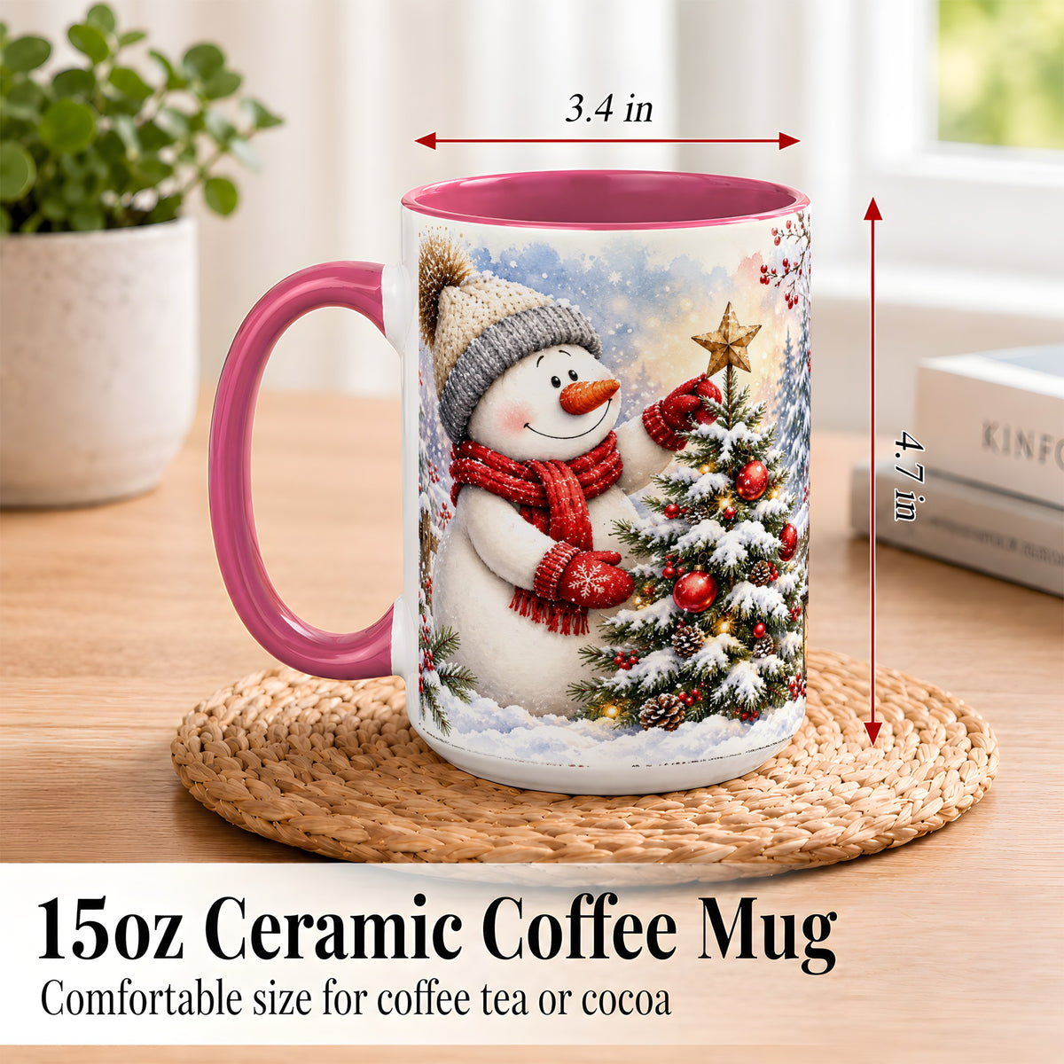 #pl[15oz|Pink] Snowman Christmas Tree Coffee Mug, Winter Snowman Mug, Ceramic Cup