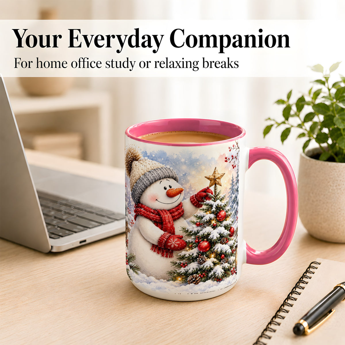 #pl[15oz|Pink] Snowman Christmas Tree Coffee Mug, Winter Snowman Mug, Ceramic Cup