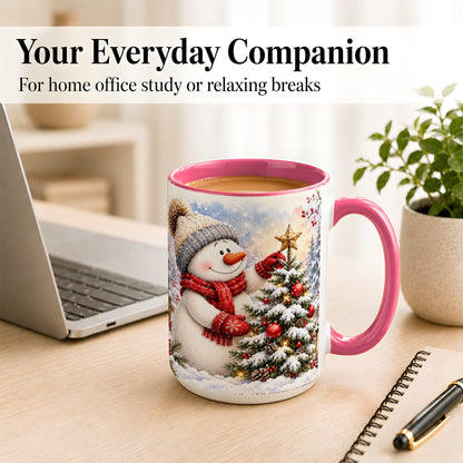 #pl[15oz|Pink] Snowman Christmas Tree Coffee Mug, Winter Snowman Mug, Ceramic Cup