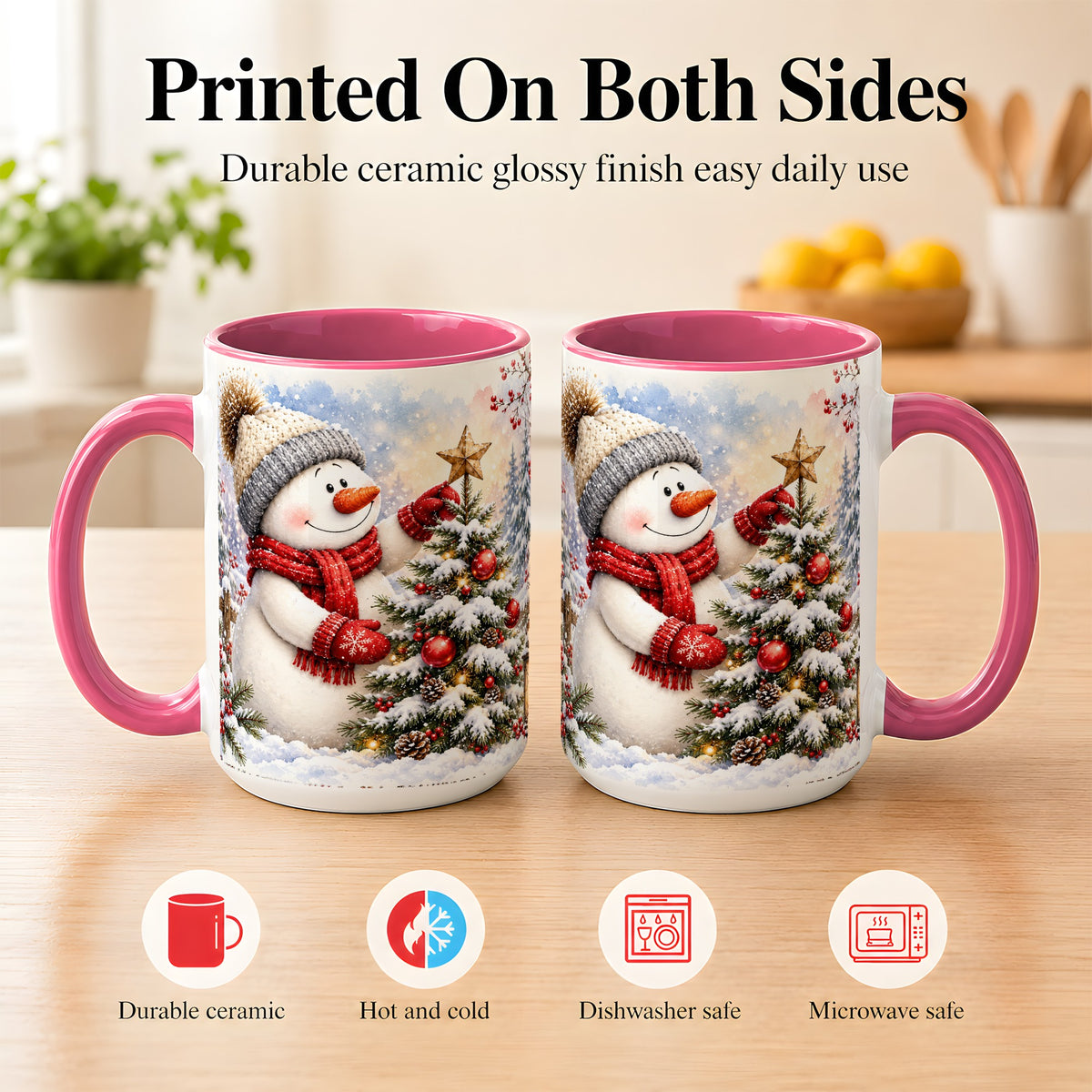 #pl[15oz|Pink] Snowman Christmas Tree Coffee Mug, Winter Snowman Mug, Ceramic Cup
