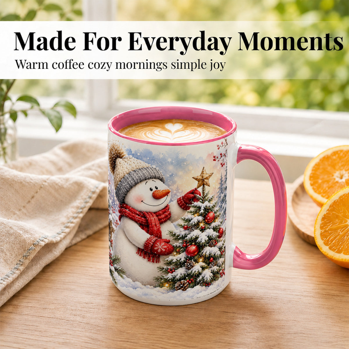 #pl[15oz|Pink] Snowman Christmas Tree Coffee Mug, Winter Snowman Mug, Ceramic Cup