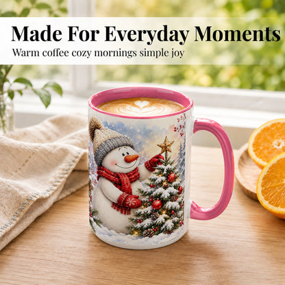 #pl[15oz|Pink] Snowman Christmas Tree Coffee Mug, Winter Snowman Mug, Ceramic Cup