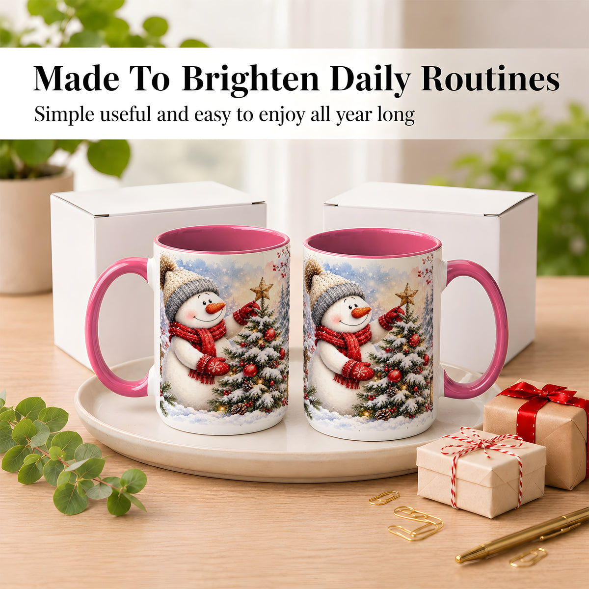#pl[15oz|Pink] Snowman Christmas Tree Coffee Mug, Winter Snowman Mug, Ceramic Cup