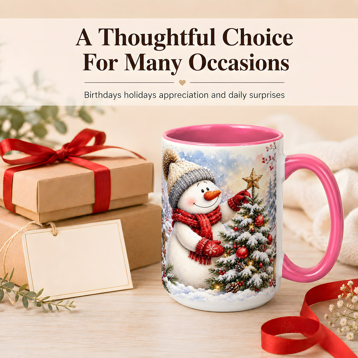 #pl[15oz|Pink] Snowman Christmas Tree Coffee Mug, Winter Snowman Mug, Ceramic Cup