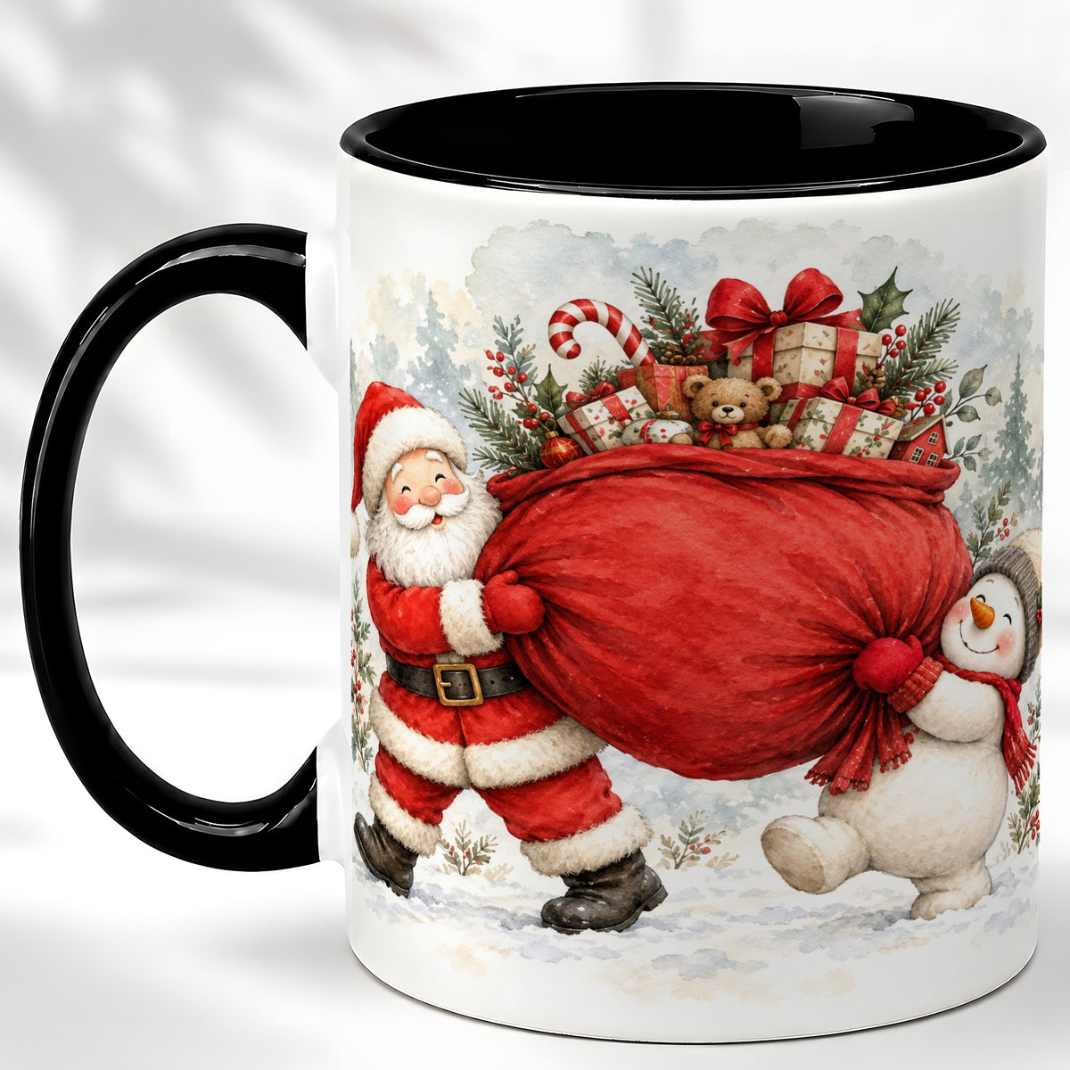 #pl[11oz|Black] Santa Snowman Christmas Coffee Mug, Holiday Friends Mug, Ceramic Cup
