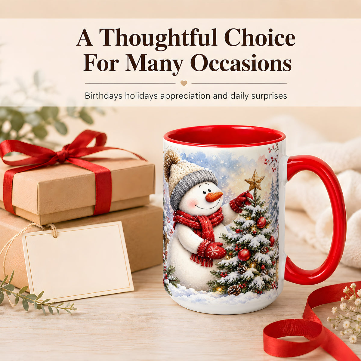 #pl[15oz|Red] Snowman Christmas Tree Coffee Mug, Winter Snowman Mug, Ceramic Cup