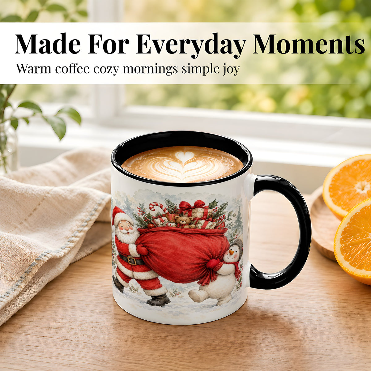 #pl[11oz|Black] Santa Snowman Christmas Coffee Mug, Holiday Friends Mug, Ceramic Cup
