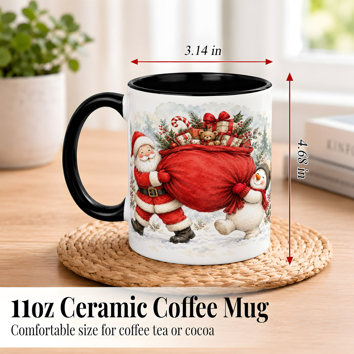 #pl[11oz|Black] Santa Snowman Christmas Coffee Mug, Holiday Friends Mug, Ceramic Cup