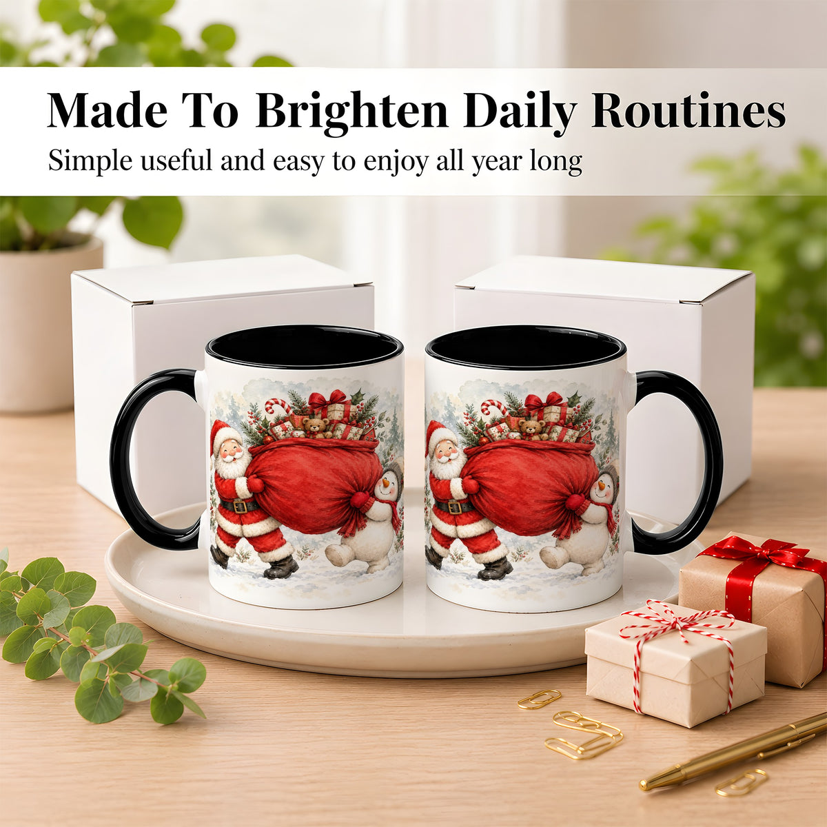 #pl[11oz|Black] Santa Snowman Christmas Coffee Mug, Holiday Friends Mug, Ceramic Cup