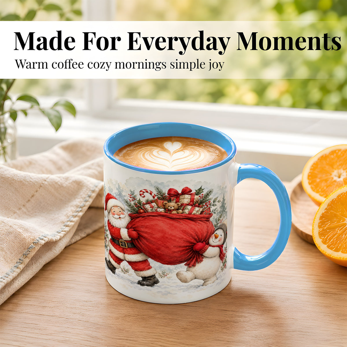 #pl[11oz|Blue] Santa Snowman Christmas Coffee Mug, Holiday Friends Mug, Ceramic Cup