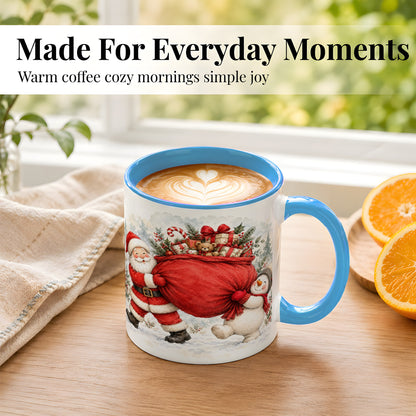 #pl[11oz|Blue] Santa Snowman Christmas Coffee Mug, Holiday Friends Mug, Ceramic Cup