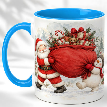 #pl[11oz|Blue] Santa Snowman Christmas Coffee Mug, Holiday Friends Mug, Ceramic Cup