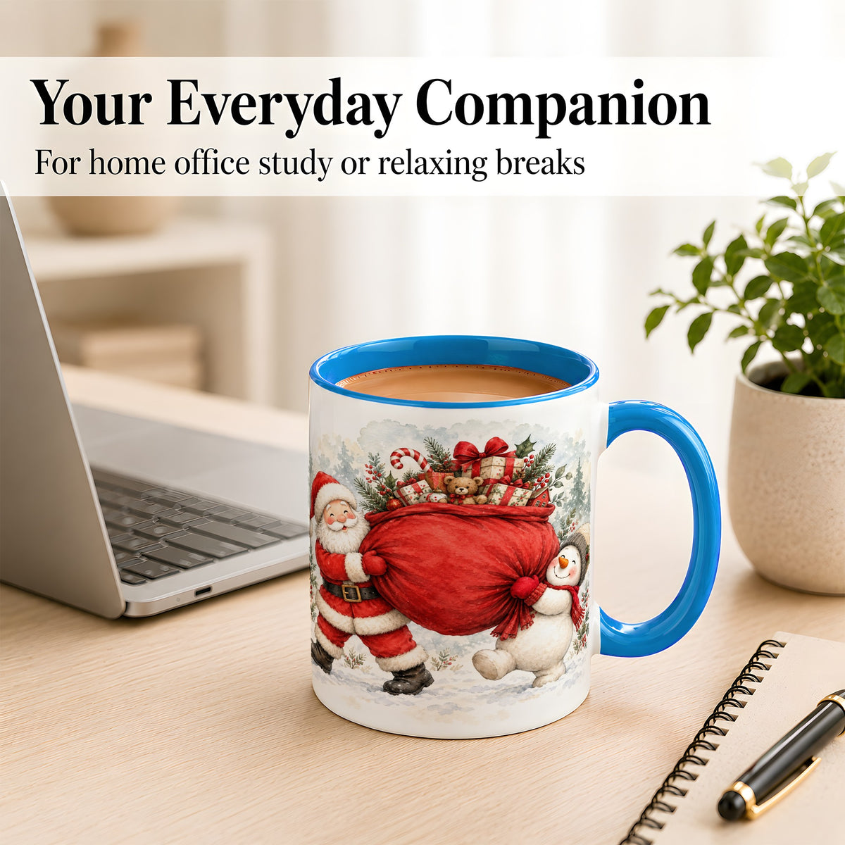 #pl[11oz|Blue] Santa Snowman Christmas Coffee Mug, Holiday Friends Mug, Ceramic Cup