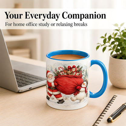 #pl[11oz|Blue] Santa Snowman Christmas Coffee Mug, Holiday Friends Mug, Ceramic Cup