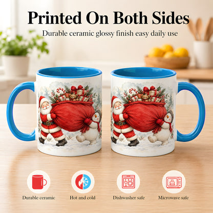 #pl[11oz|Blue] Santa Snowman Christmas Coffee Mug, Holiday Friends Mug, Ceramic Cup