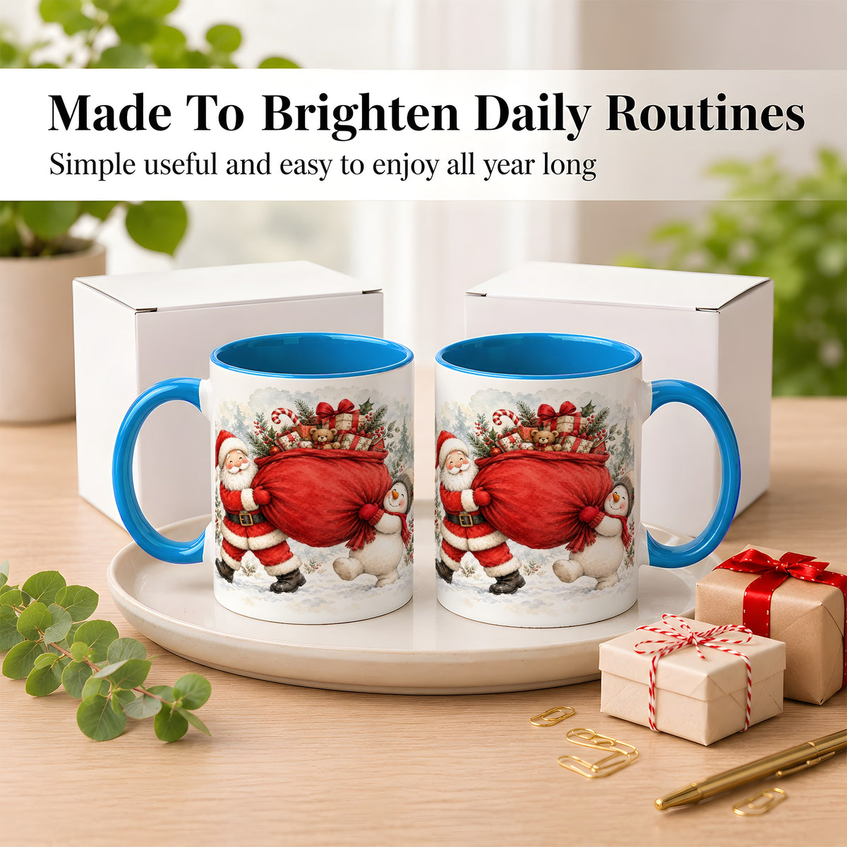 #pl[11oz|Blue] Santa Snowman Christmas Coffee Mug, Holiday Friends Mug, Ceramic Cup
