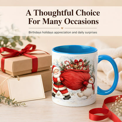#pl[11oz|Blue] Santa Snowman Christmas Coffee Mug, Holiday Friends Mug, Ceramic Cup